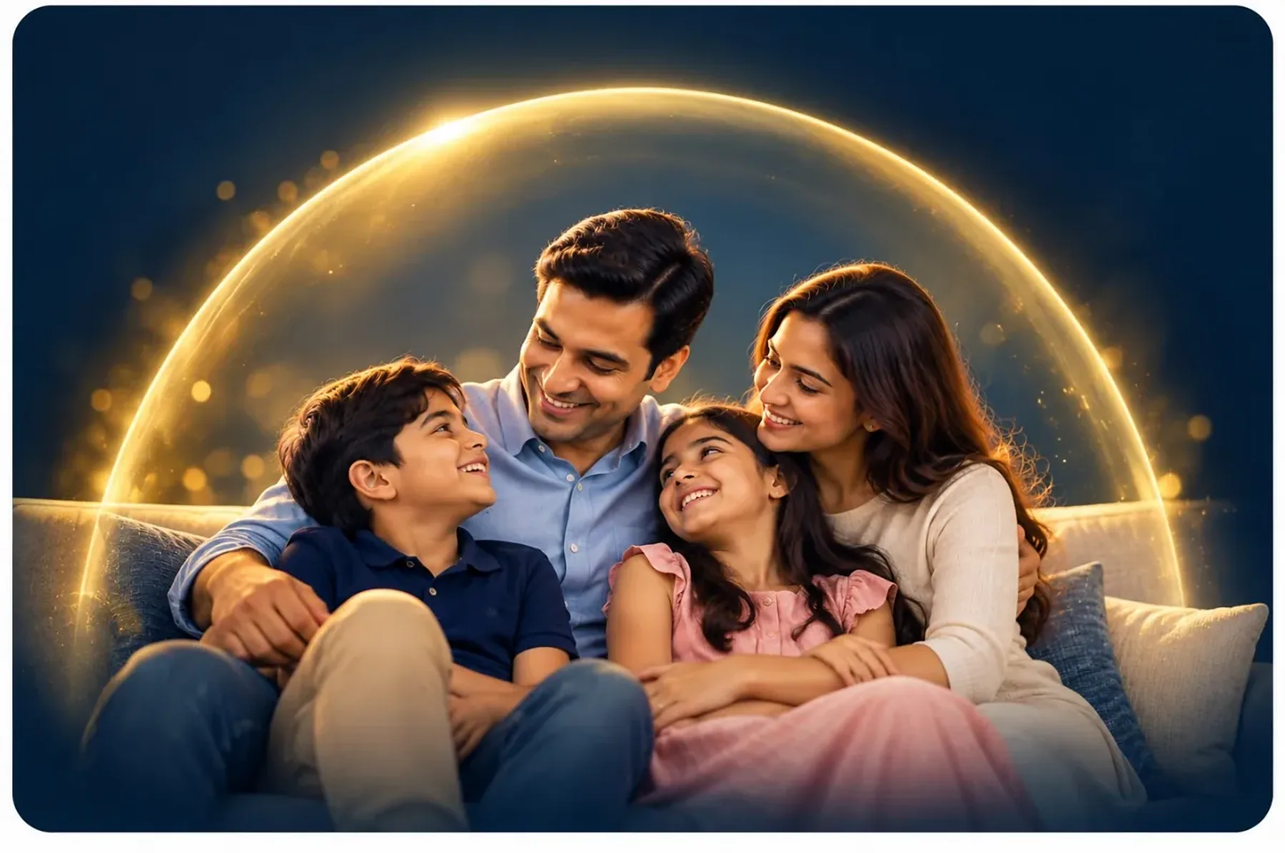 A family together under a soft golden shield of protection