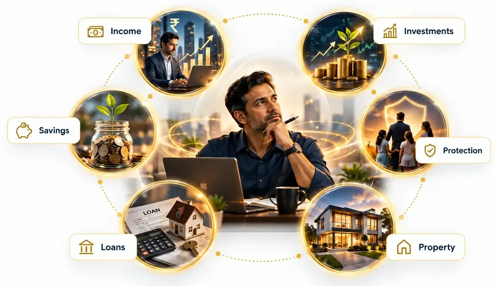 A person at the centre of income, investments, protection, property, loans and savings — pieces that exist but are not yet connected